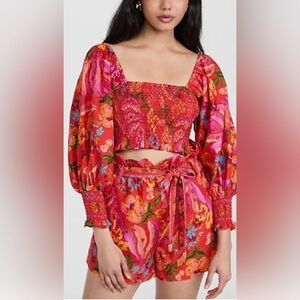Farm Rio 2-Pc Set: Red Spring Bananas Floral Puff Sleeves Crop Top & Shorts - XS